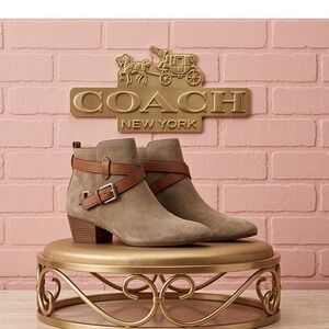 🔥Coach🤎🩷🤎 Suede Ankle Boots Tan Brown Leather Buckle Strap Booties 8.5 B